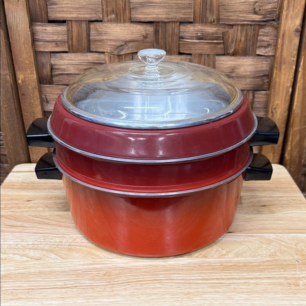 Vintage 70’s Red Enamel Cookware Set with Glass Lid Steamer Made in Canada